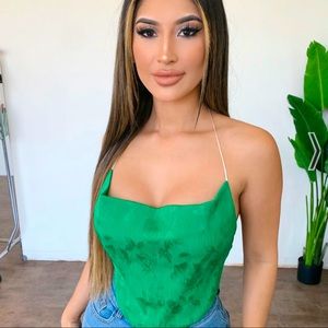 Green silky halter top with halter strings